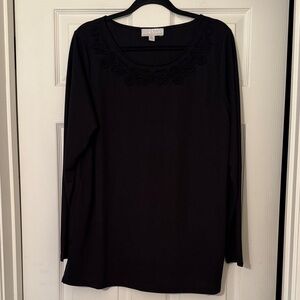 Carolyn Taylor Black Long Sleeve Top with Embroidered Neckline